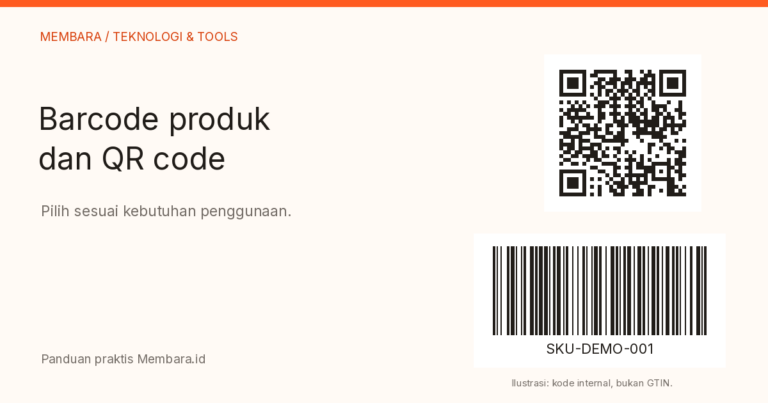Perbandingan ilustrasi QR untuk membara.tech dan barcode Code 128 dengan kode contoh SKU-DEMO-001.